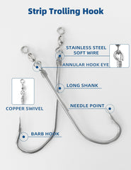 Copper swivel attached to strip trolling hook for tangle-free performance