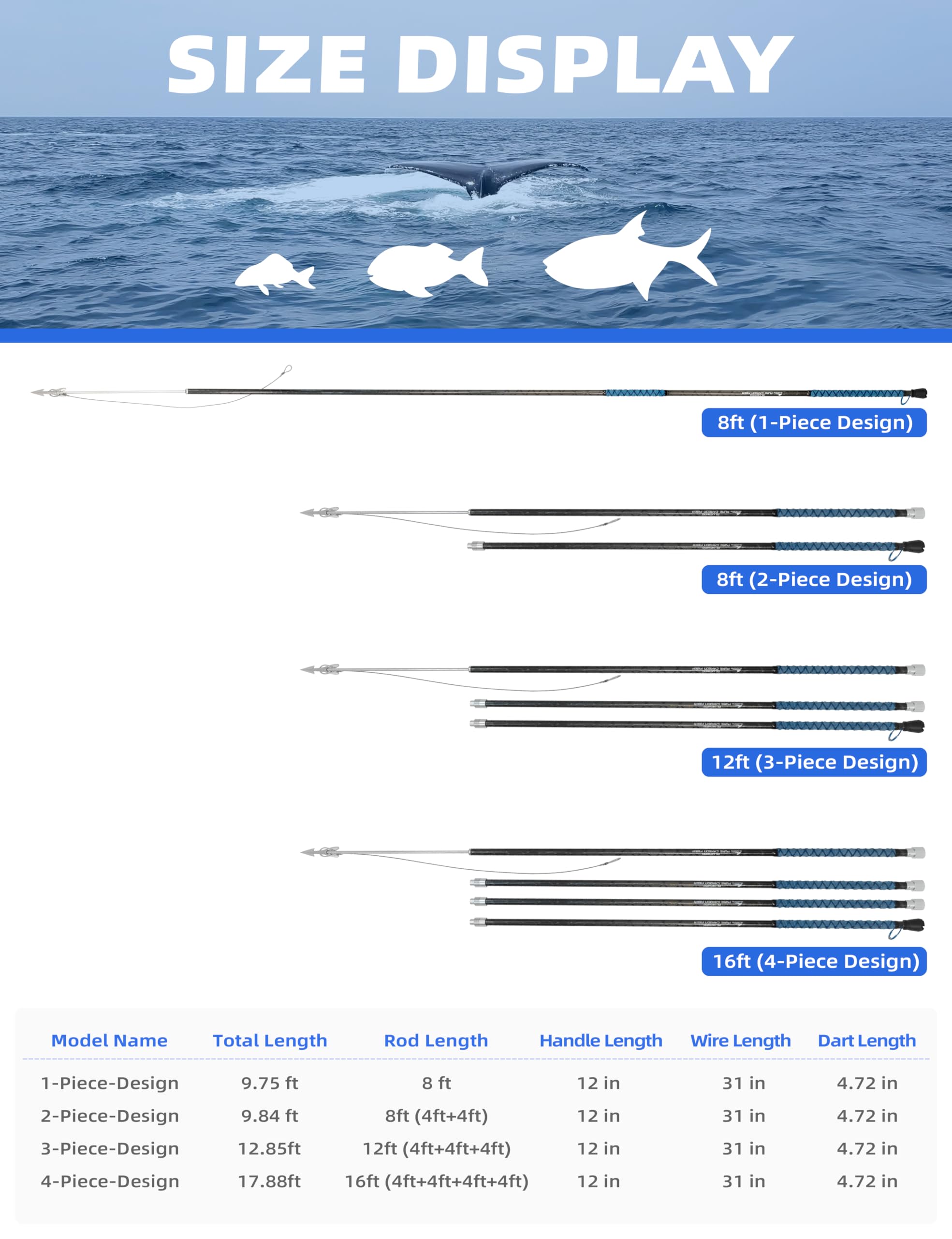 BlueWING carbon fiber harpoon for fast, stable underwater targeting.