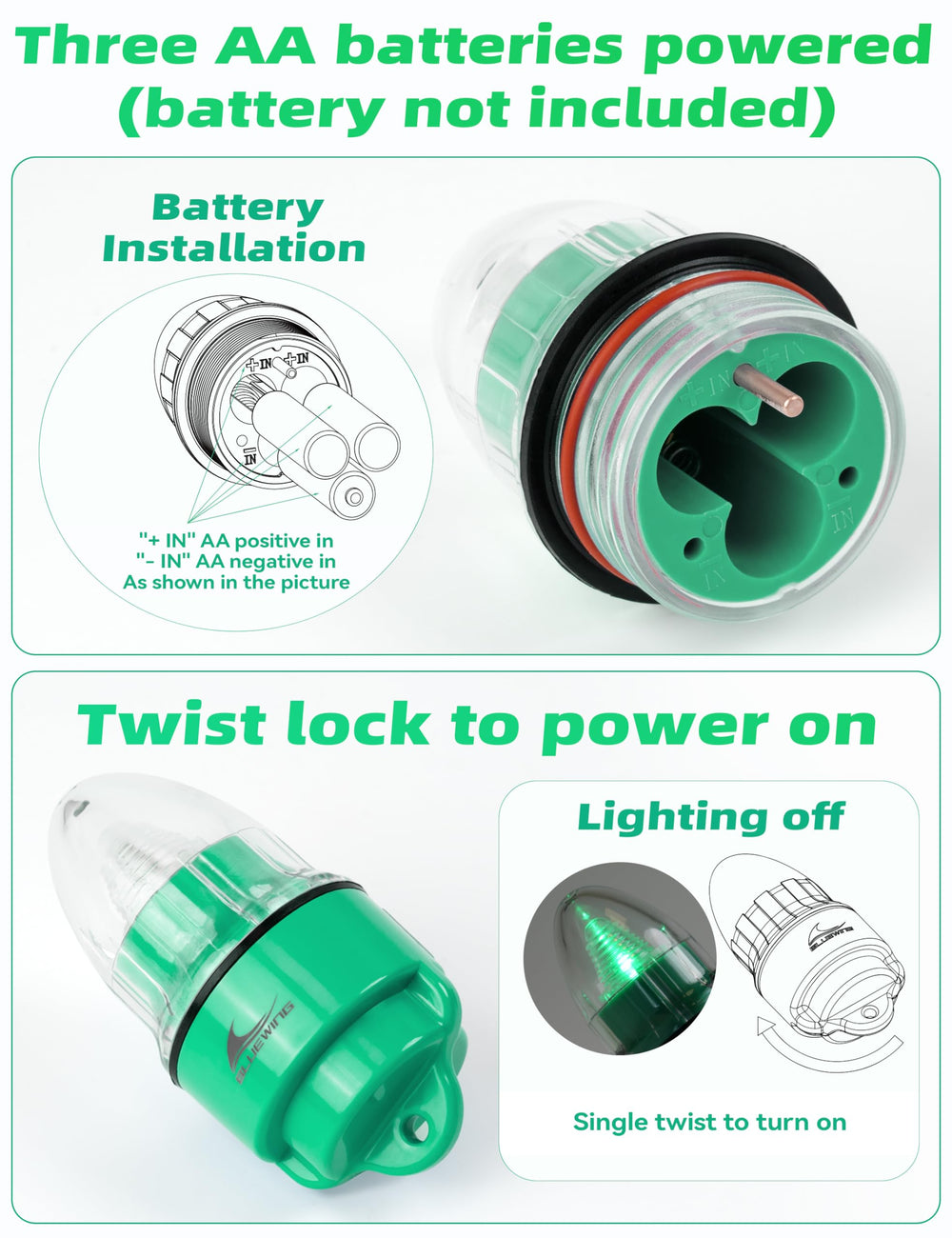 BlueWing V2 Bell Deep Drop Light, on-indicator visible for easy operation.