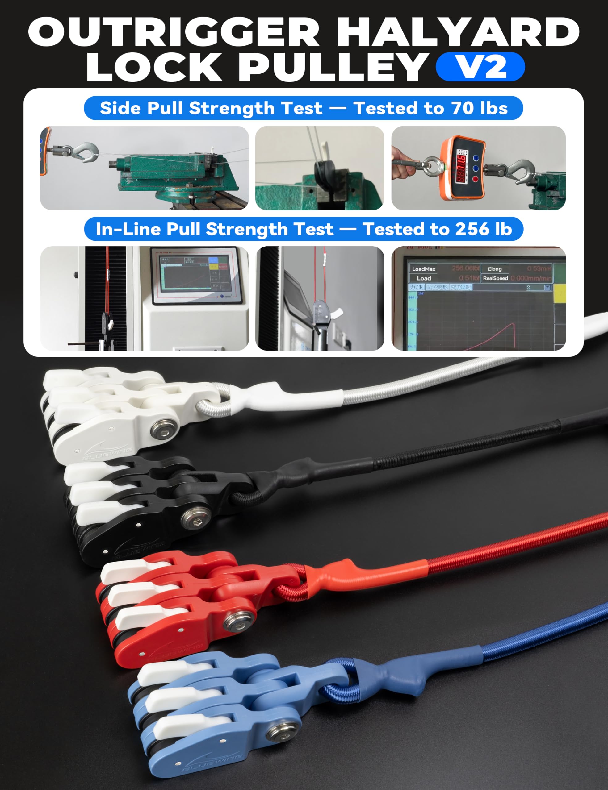 BlueWing V2 outrigger halyard lock pulley double setup enables dual-line control.