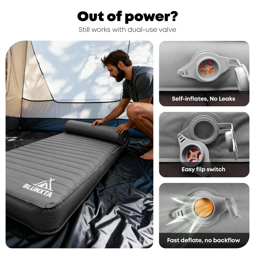 blunxta grey sleeping pad on campsite demonstrates year-round comfort