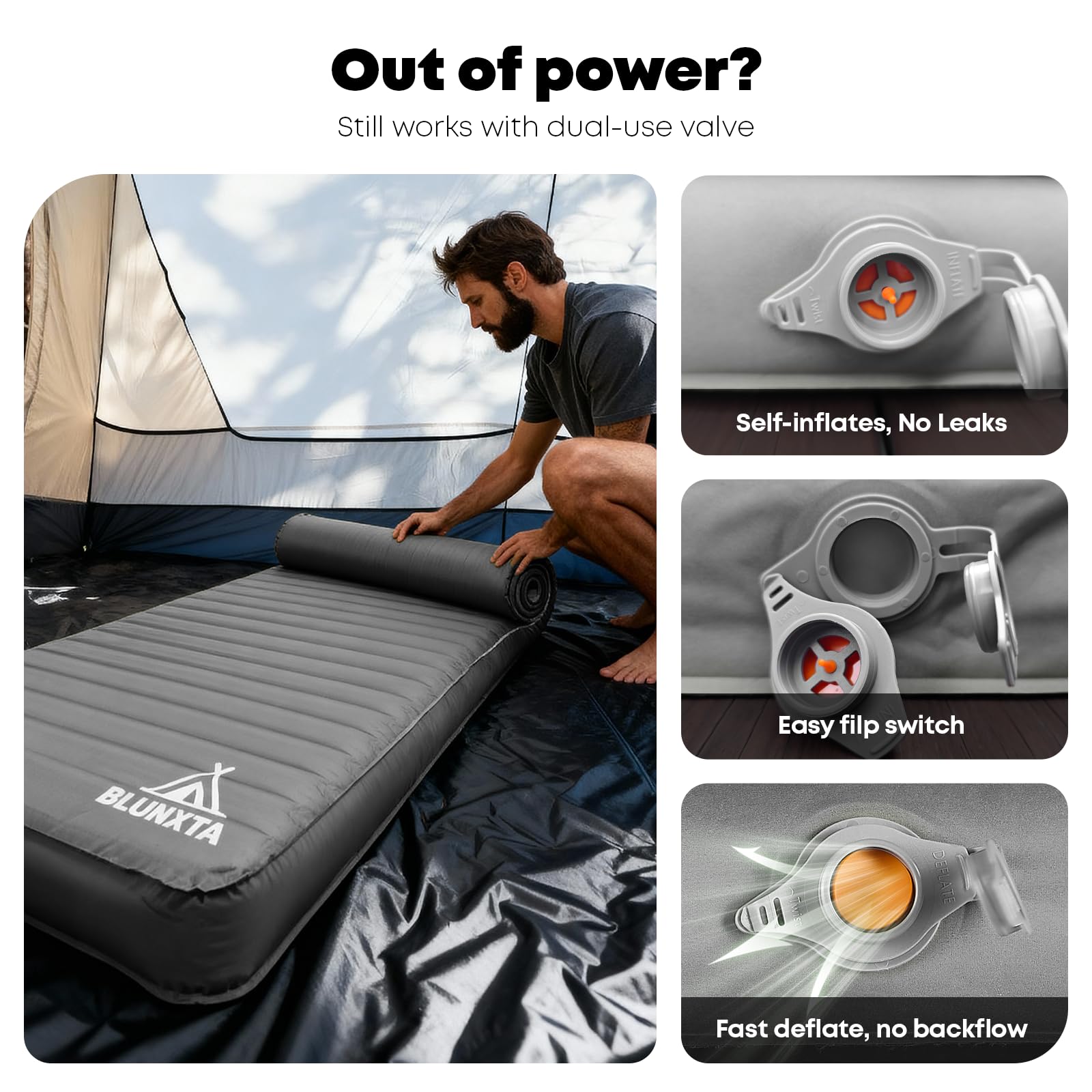 blunxta grey sleeping pad on campsite demonstrates year-round comfort