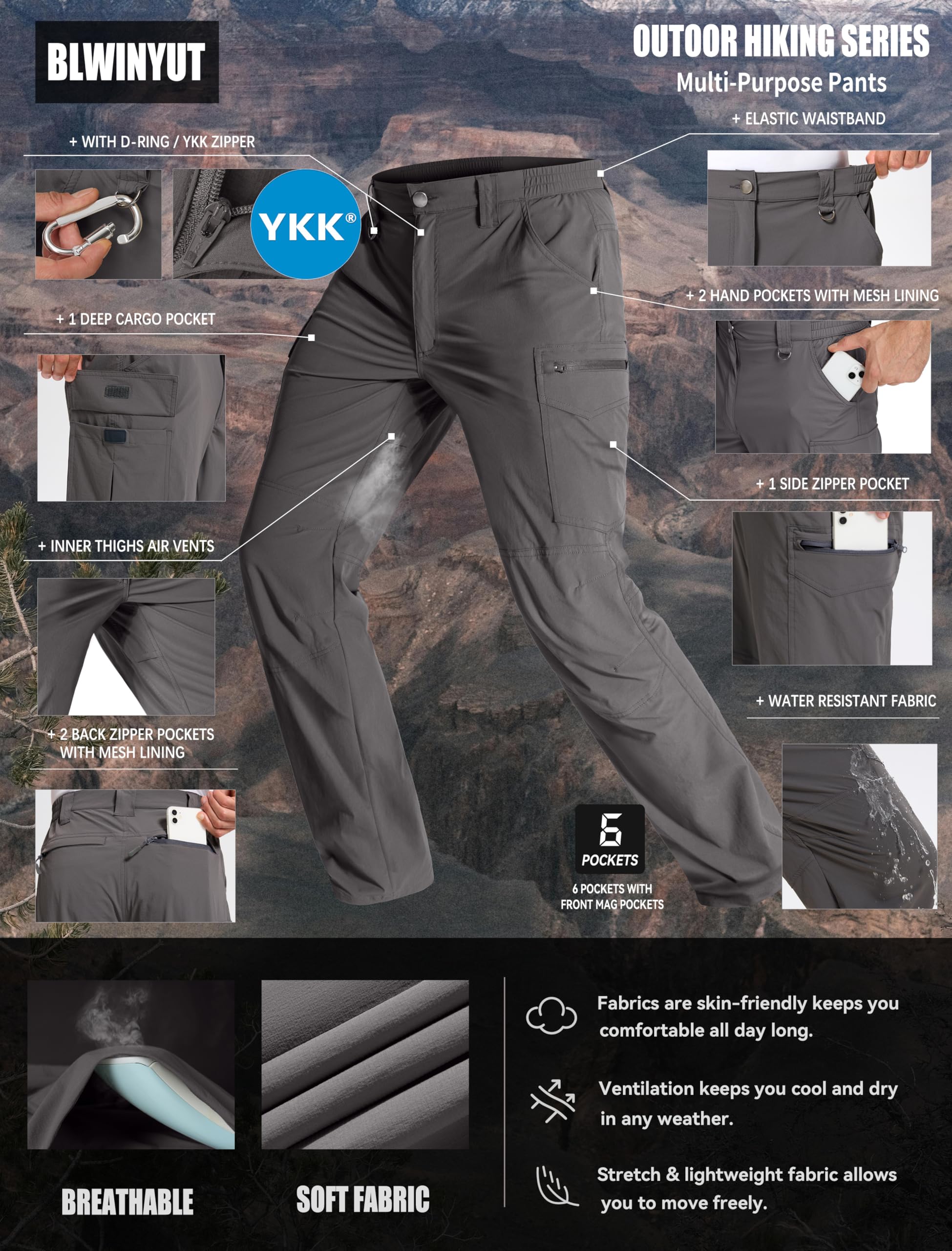 BLWINYUT men's hiking pants in-use forest scene shows freedom of movement.
