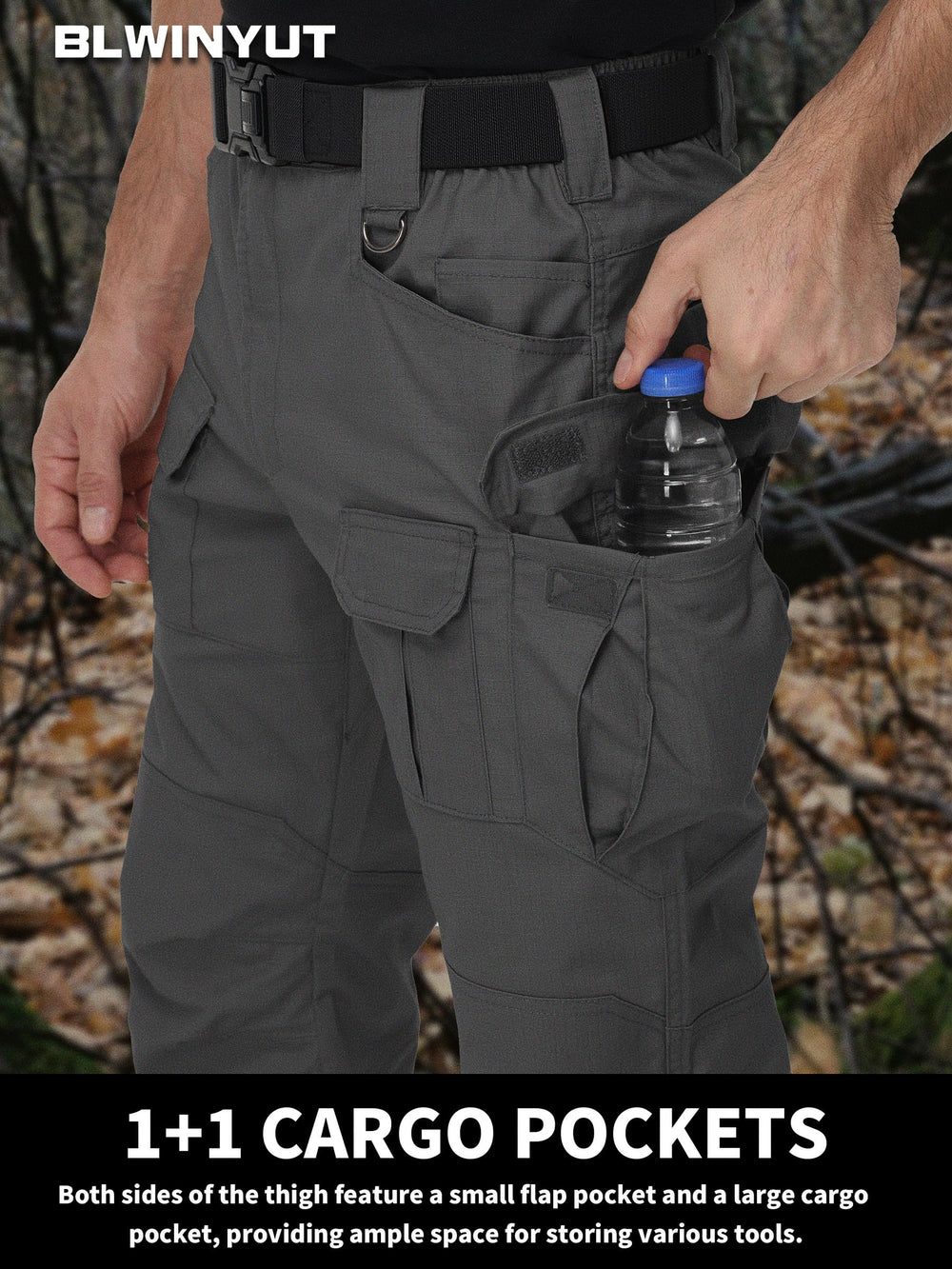 BLWINYUT outdoor cargo pants on hike-ready setup for outdoor tasks.