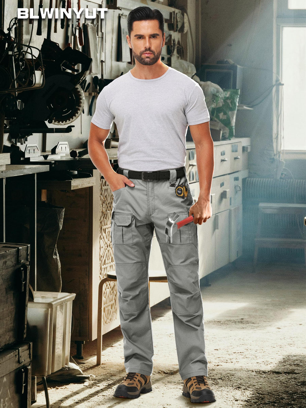 BLWINYUT pants featuring elastic waist and D-rings for secure tool carry.