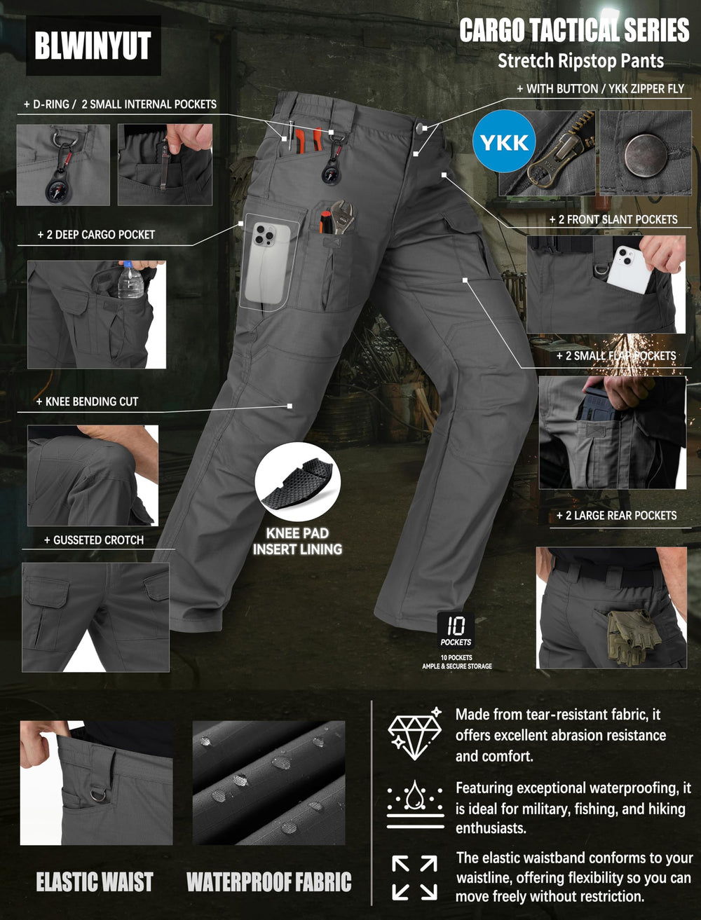 BLWINYUT water-resistant fabric sample suggests weather-friendly performance.