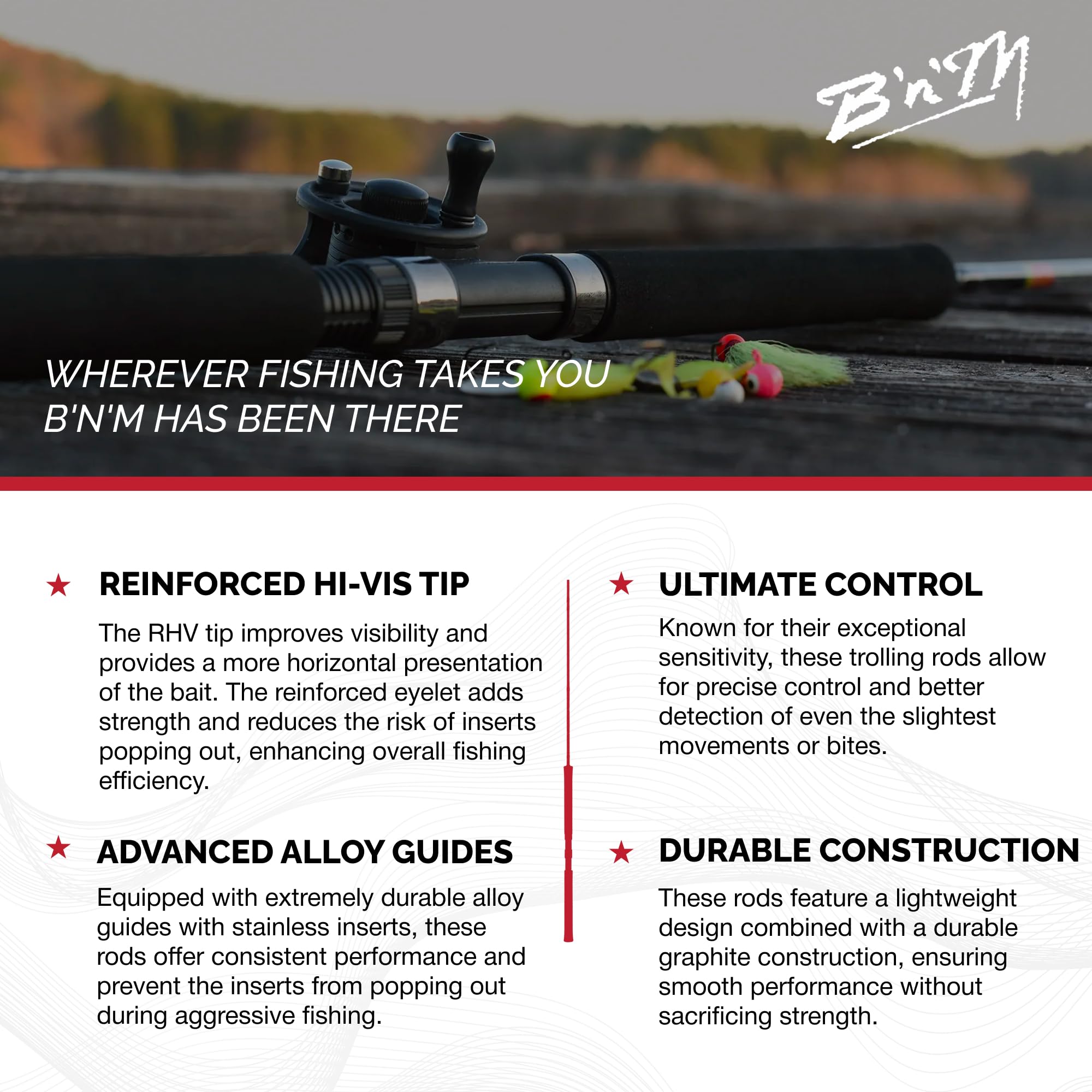 B&M PST122 12ft trolling rod grip close-up showing comfortable handle