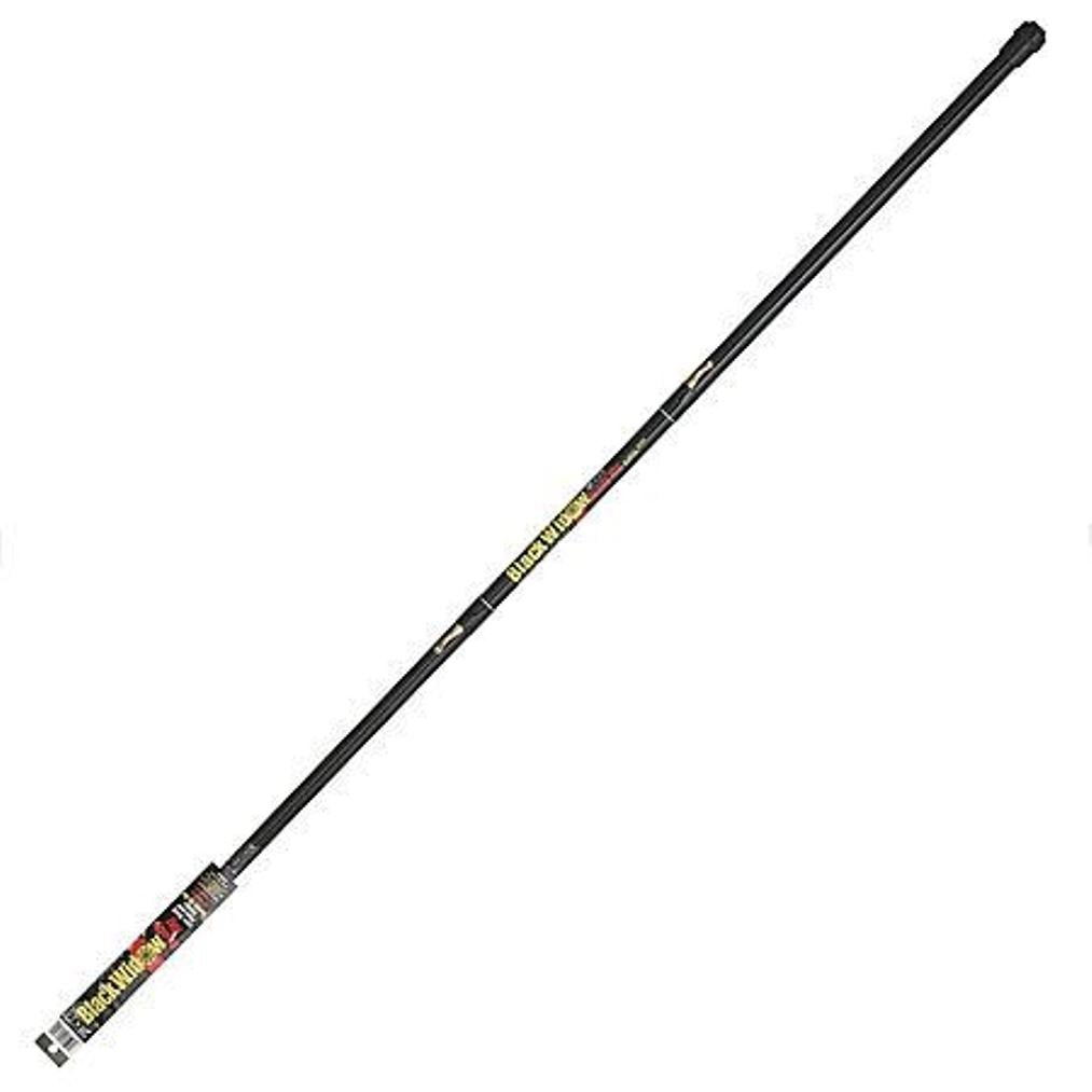 B'n'M Black Widow Ready Rig 10ft rod shown, durable fiberglass for versatile freshwater fishing.