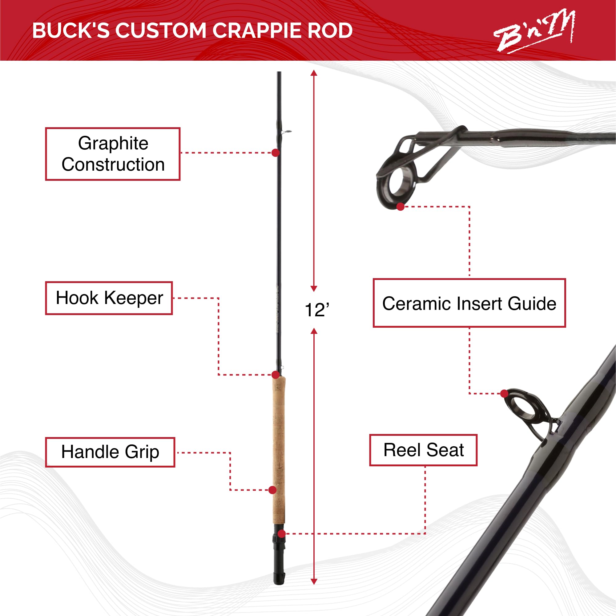 Side view highlighting bottom-mounted reel seat on the 12' 2pc crappie rod