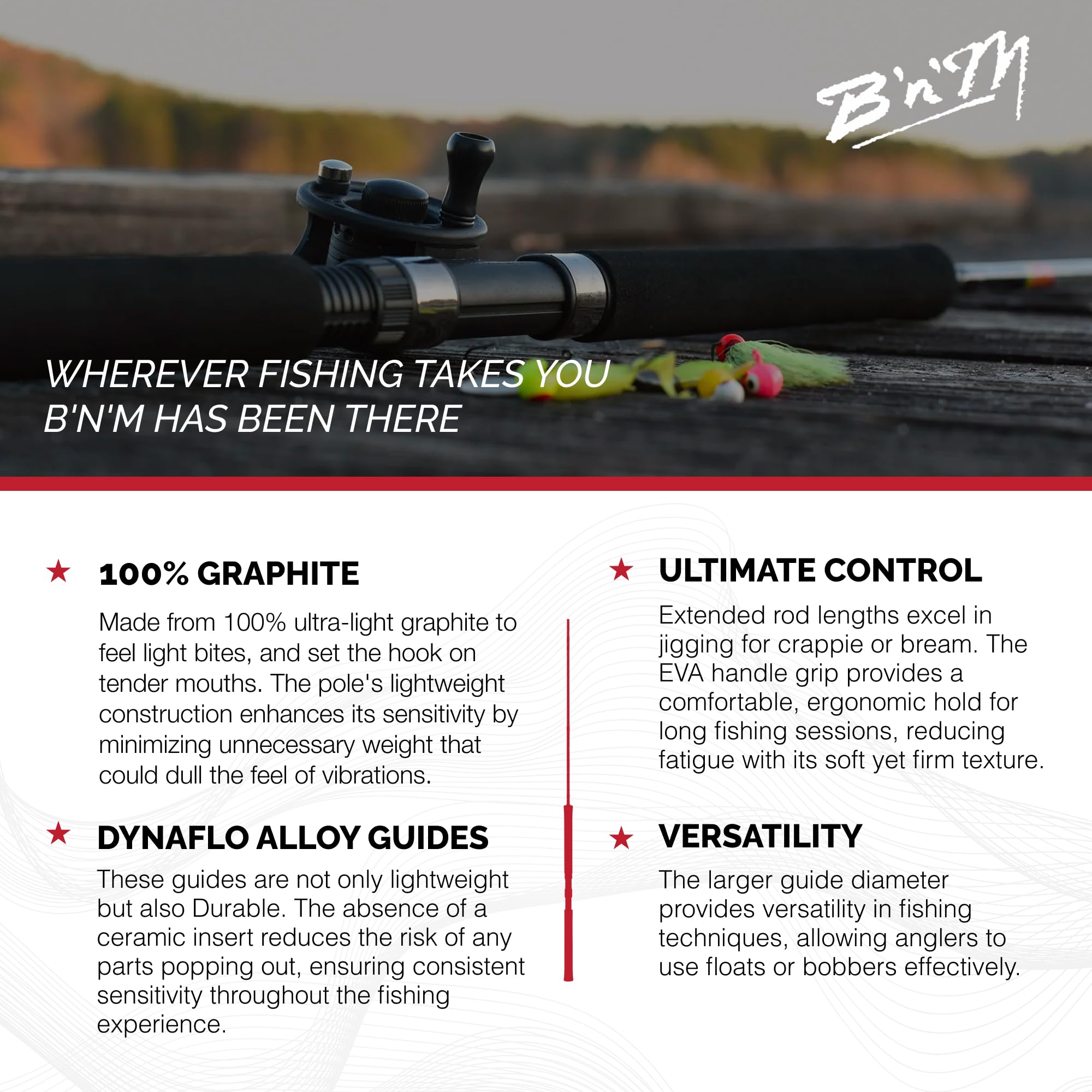 B'n'M Buck's Graphite Jig Pole 11ft, 20-inch EVA handle, comfortable grip.