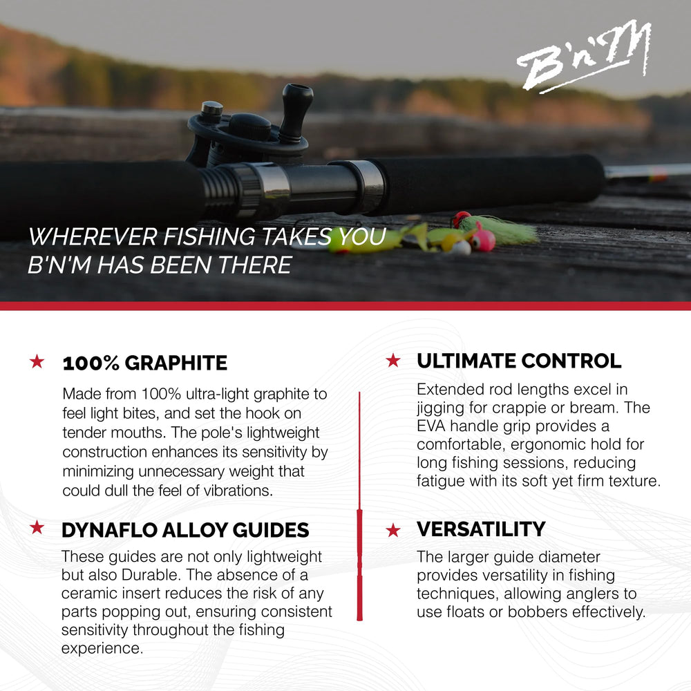 B'n'M Buck's Graphite Jig Pole 11ft, 20-inch EVA handle, comfortable grip.