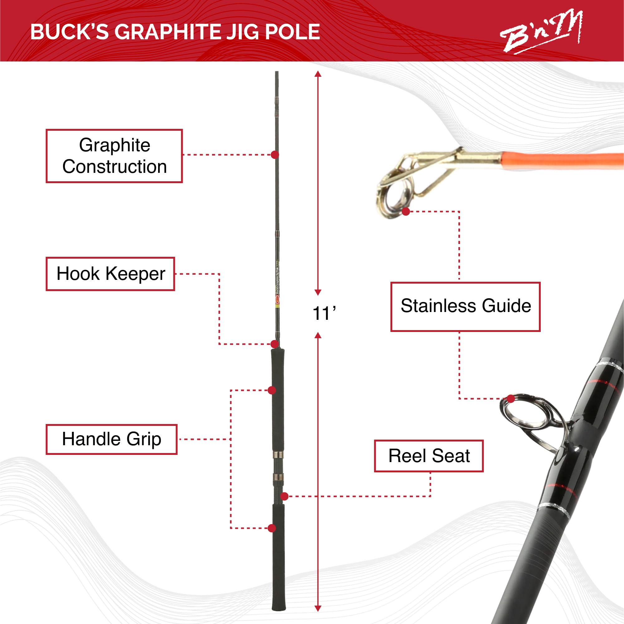 B'n'M Buck's Graphite Jig Pole 11ft, fixed reel seat enhances feel.