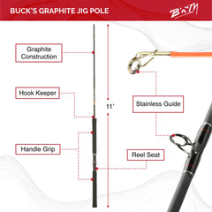 B'n'M Buck's Graphite Jig Pole 11ft, fixed reel seat enhances feel.