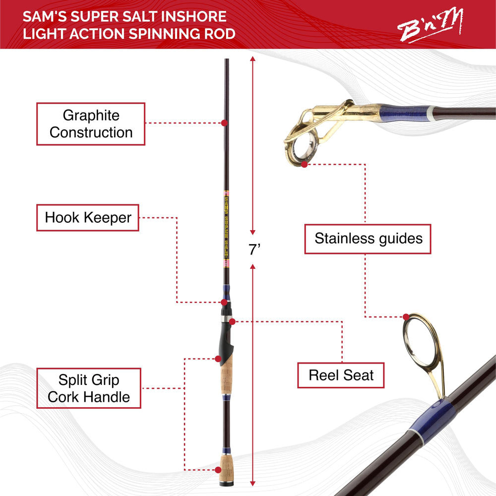 B'n'M Sam's Super Salt Inshore Rod held in hand during a smooth reel-in.