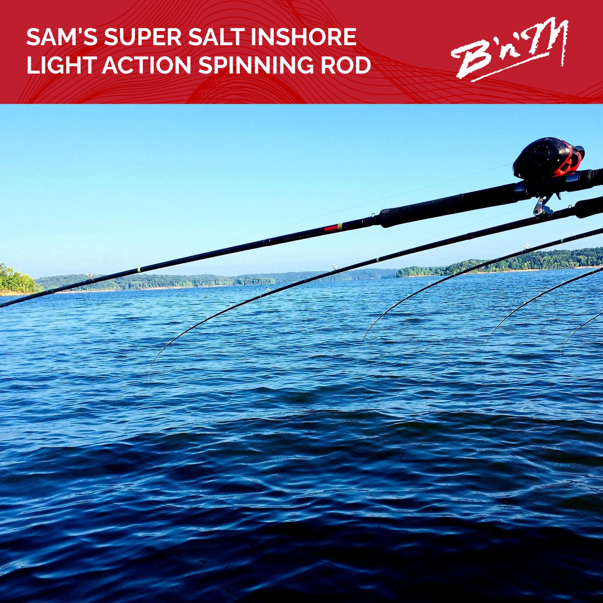 B'n'M Sam's Super Salt Inshore Rod in a saltwater scene ready for casting.