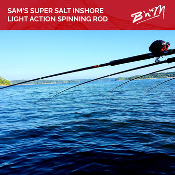 B'n'M Sam's Super Salt Inshore Rod in a saltwater scene ready for casting.