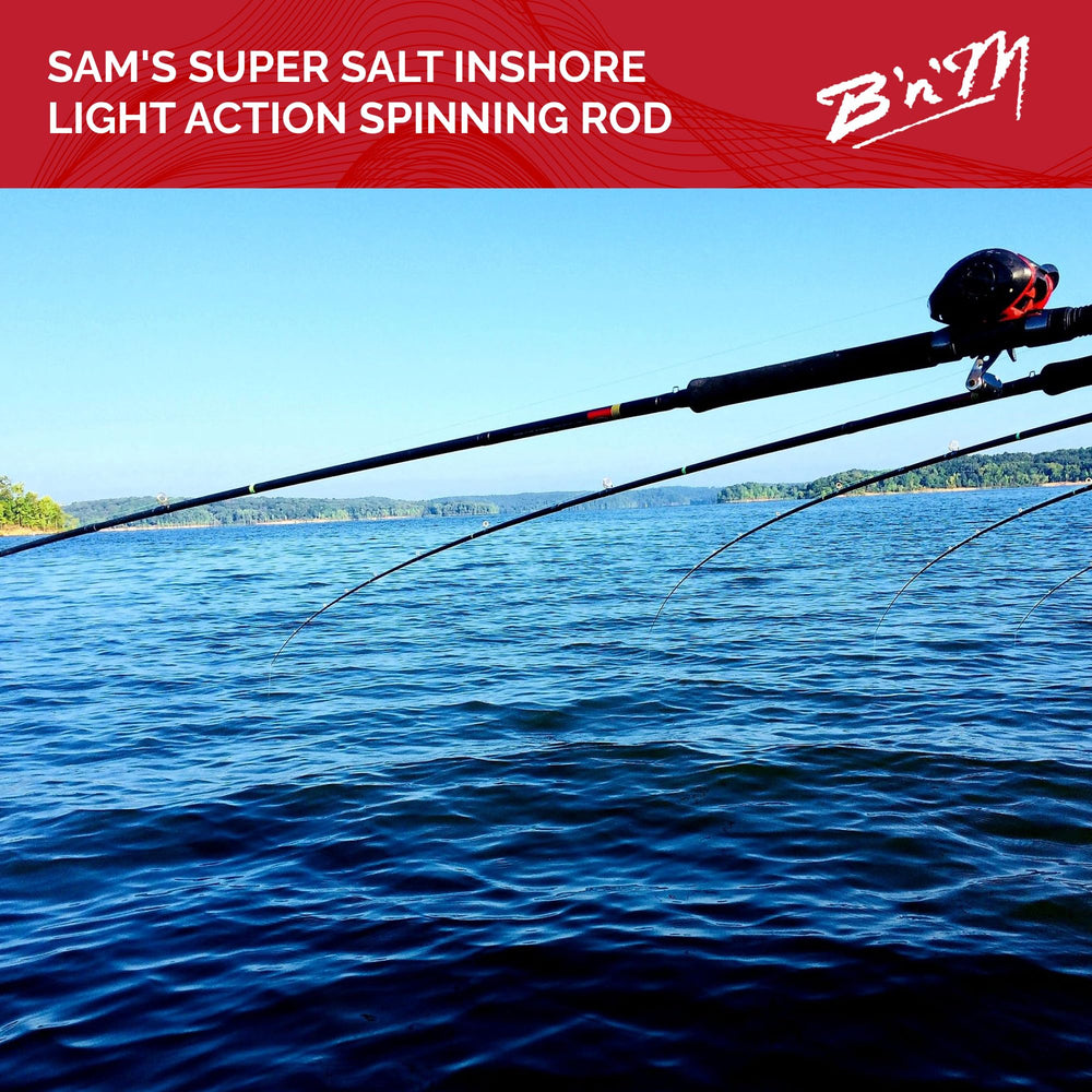 B'n'M Sam's Super Salt Inshore Rod in a saltwater scene ready for casting.