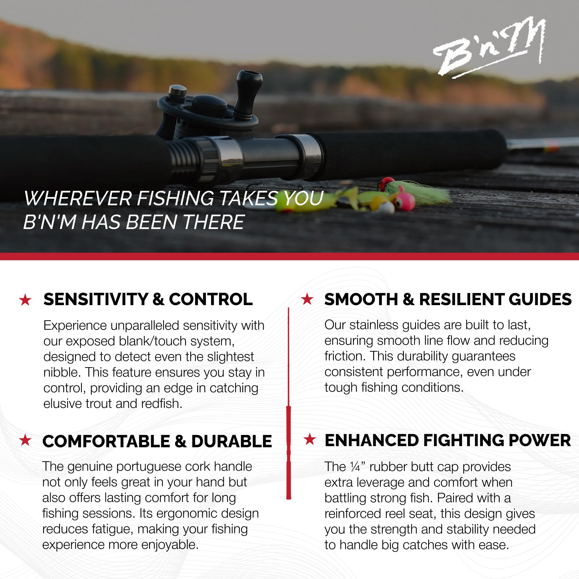 B'n'M Sam's Super Salt Inshore Rod tip sensitivity aids precise lure placement.