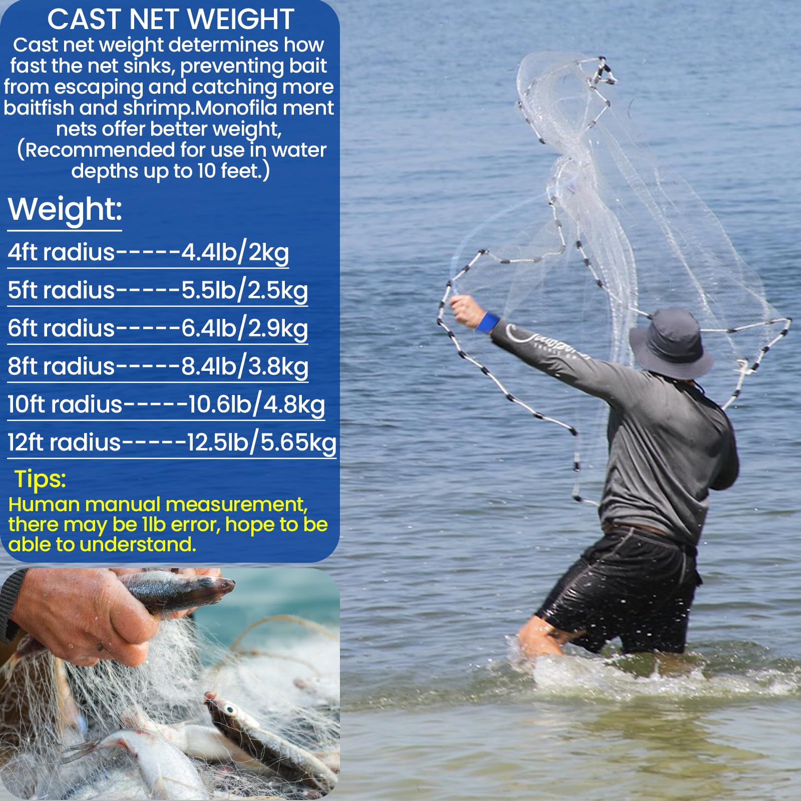 Bnqoe fishing cast net 8ft radius easy casting in shallow water