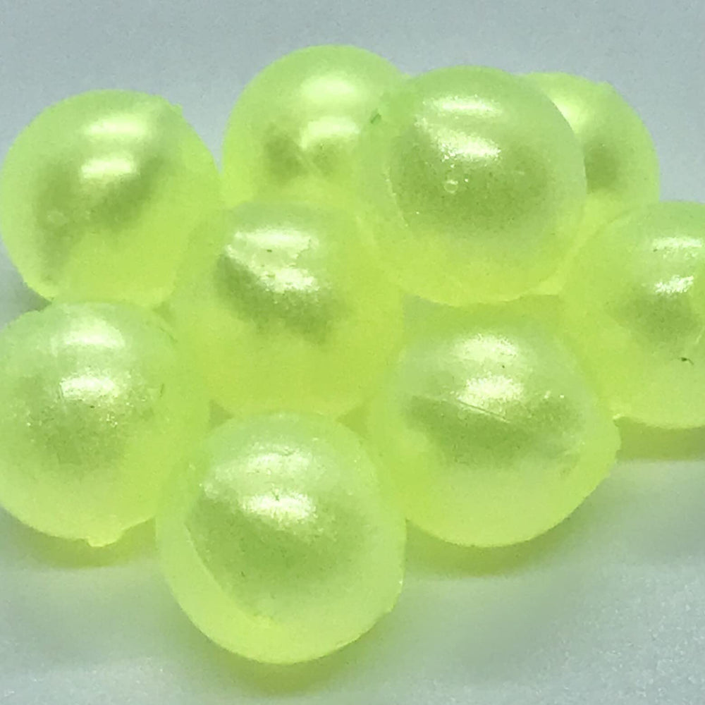 BNR Tackle Soft Beads Mean Green 10mm, neutrally buoyant, ideal for steelhead rigs.