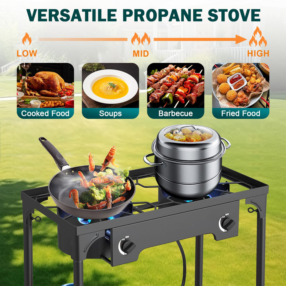 BNSPLY 150,000 BTU power with two 75,000 BTU burners for fast boils.