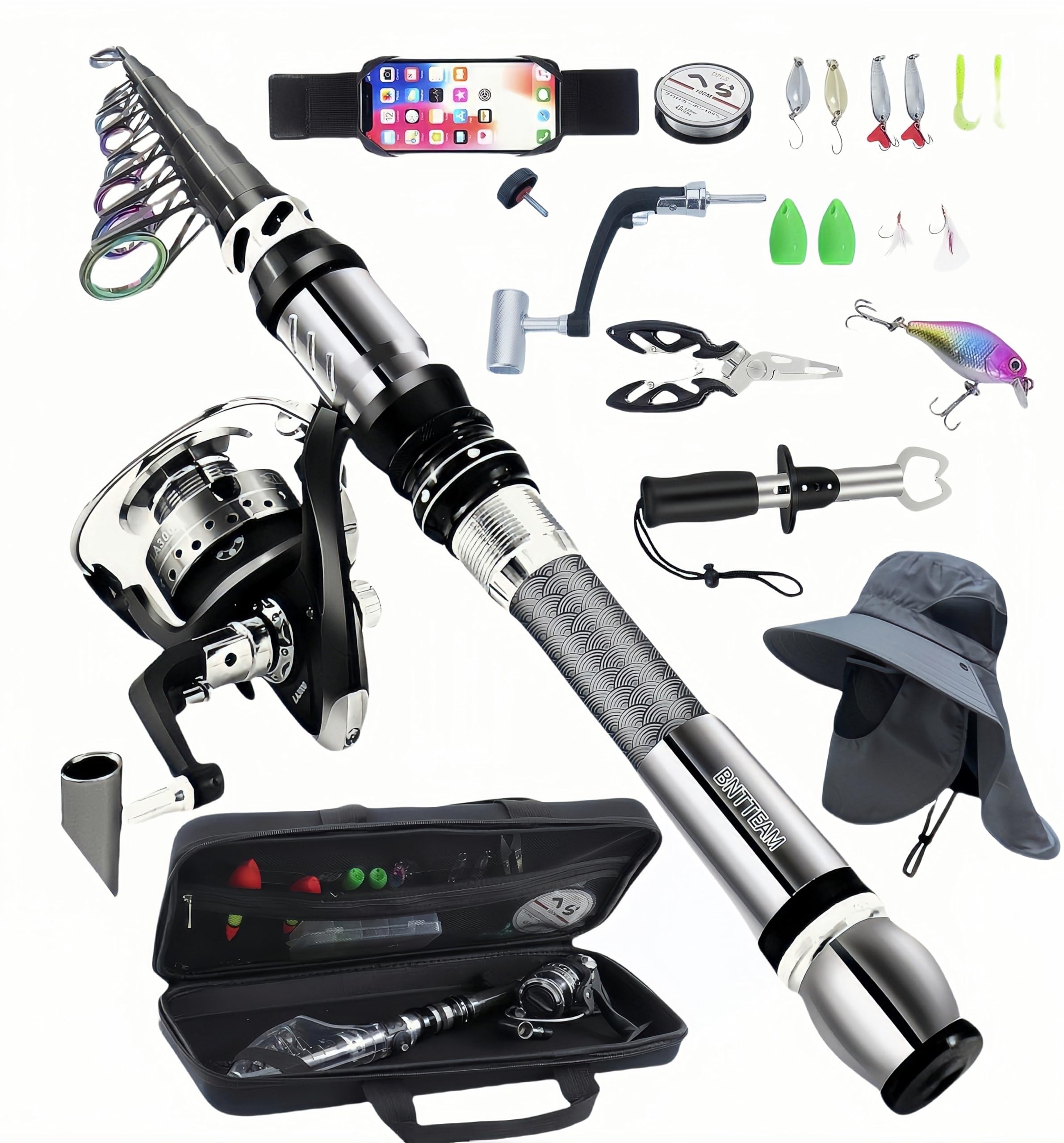 BNTTEAM mini spinning rod 150cm extended, travel-friendly for beginners.