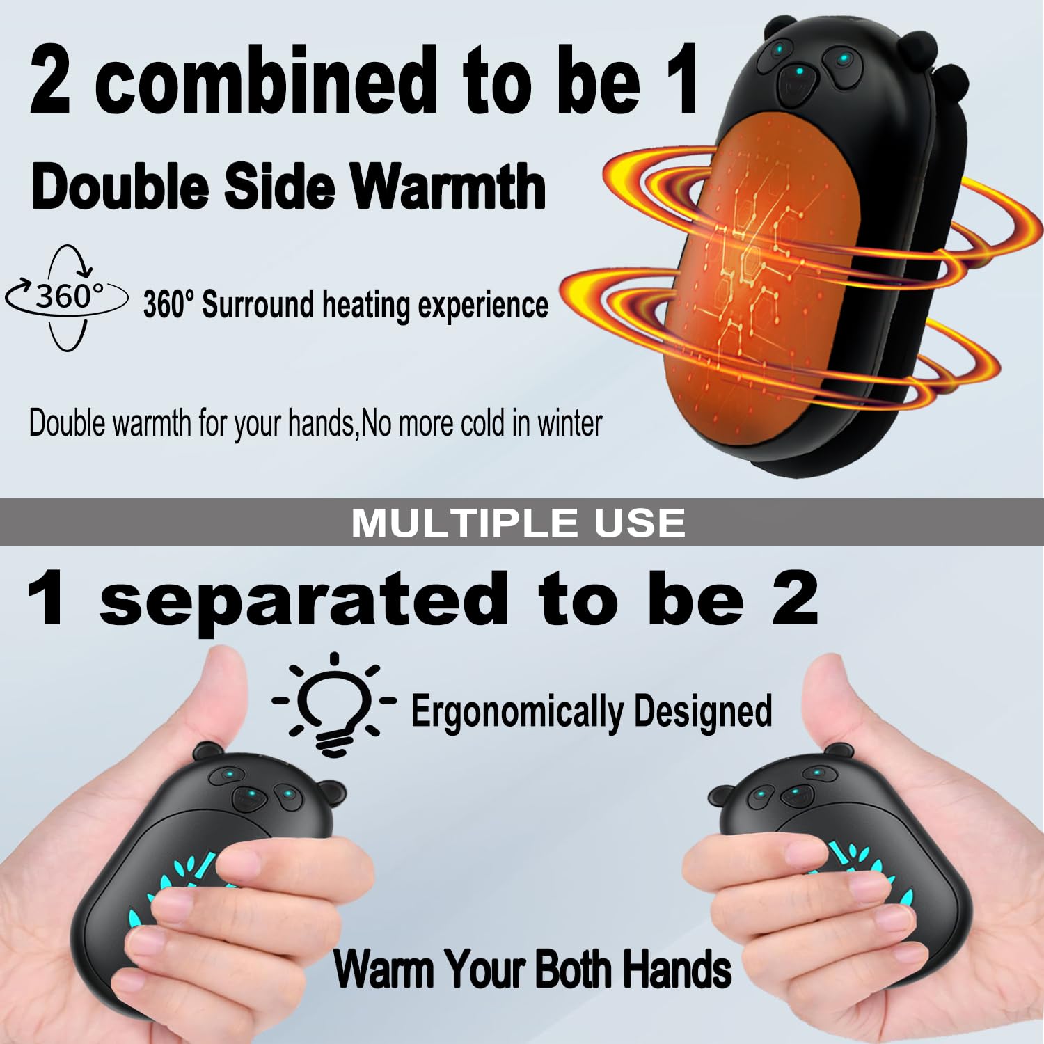 BOANKODU Panda hand warmers back view highlighting dual-sided heating and sleek design.