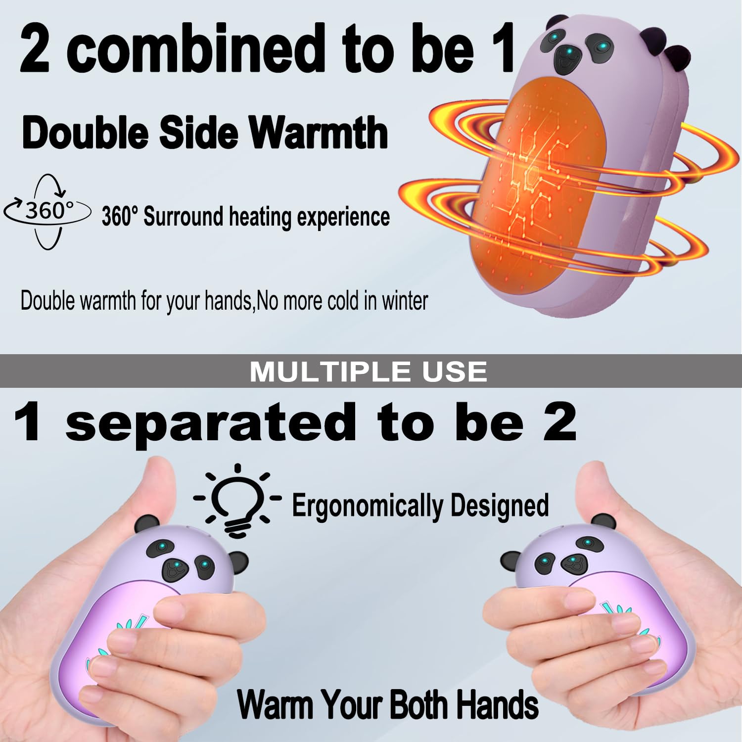BOANKODU panda hand warmers in use purple delivering instant warmth on the go.