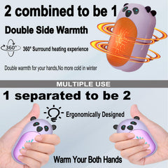 BOANKODU panda hand warmers in use purple delivering instant warmth on the go.