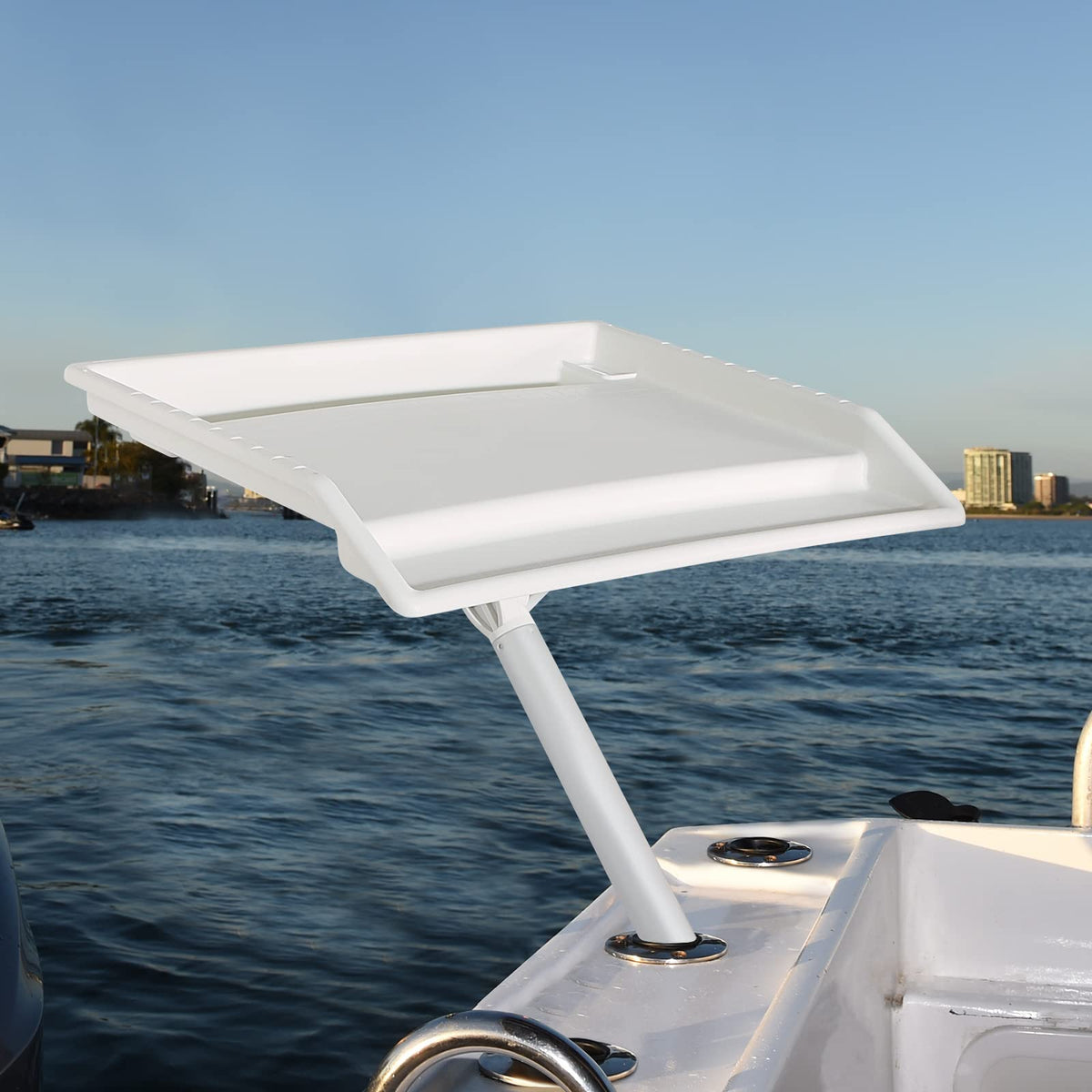 Boat cutting board mounted on boat rod holder
