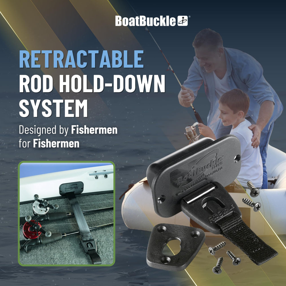 Self-retracting strap extended to secure fishing rods on boat deck