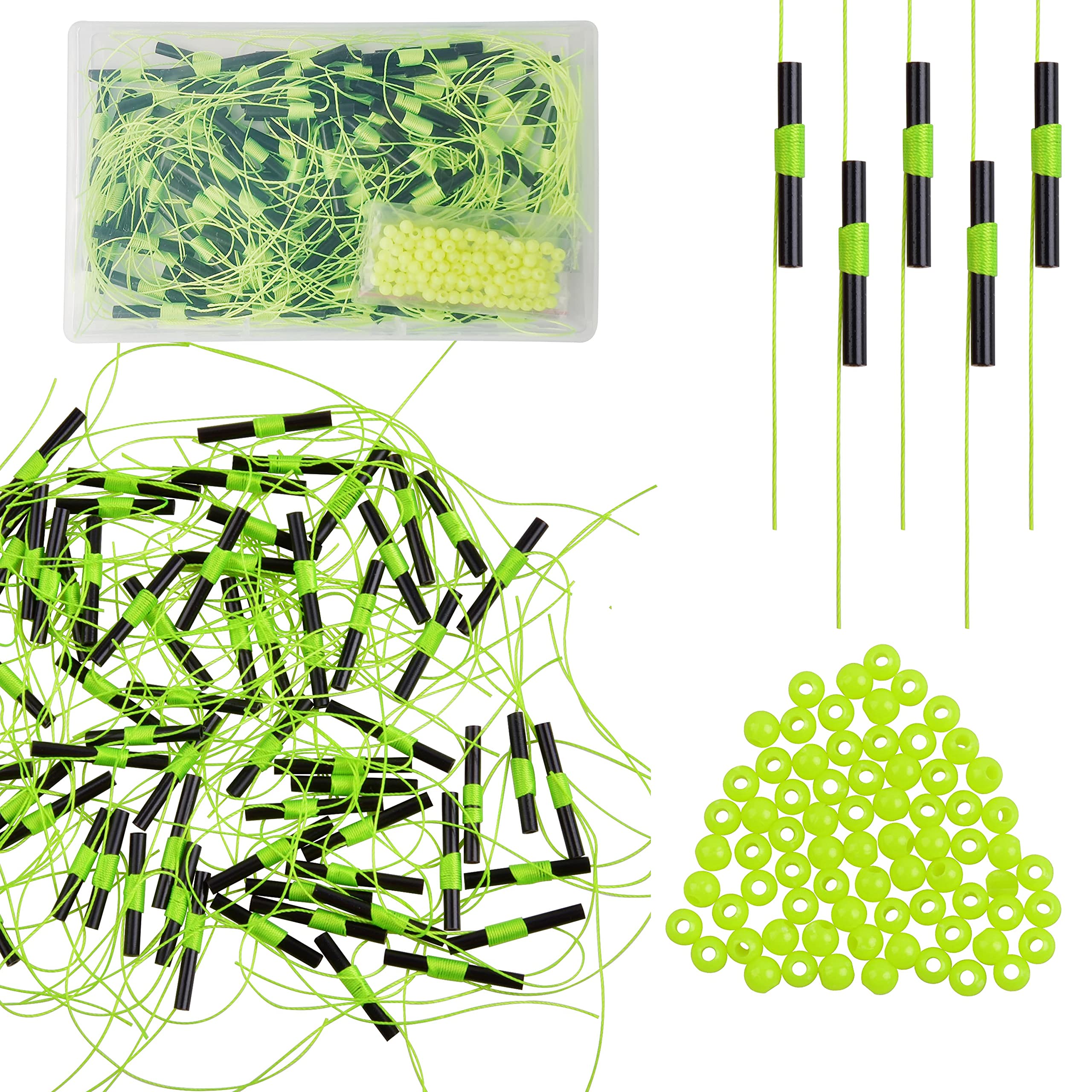 Assorted bobber stops with beads and tubing, close-up