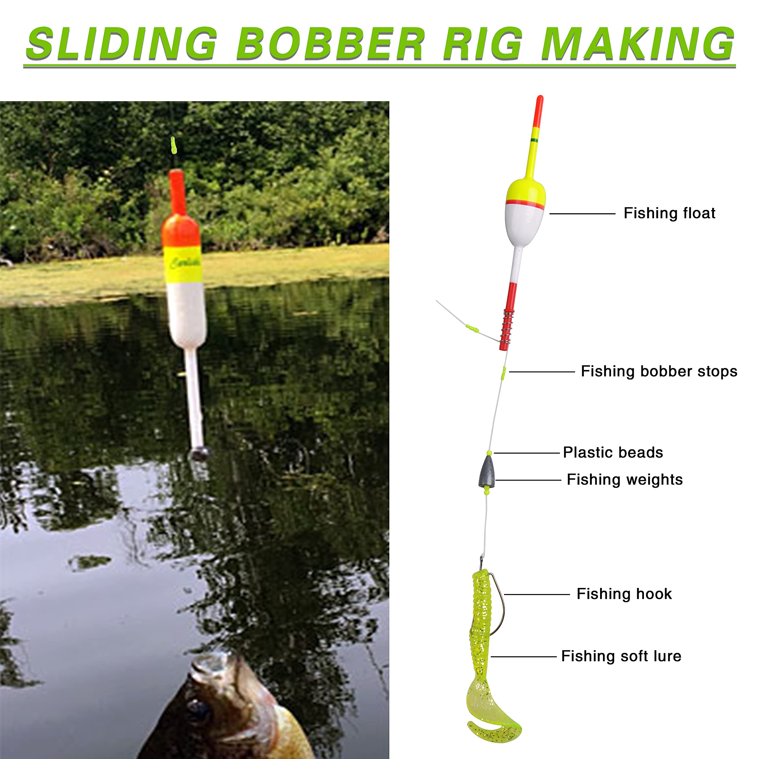 Blue, green, and red bobber stops with beads