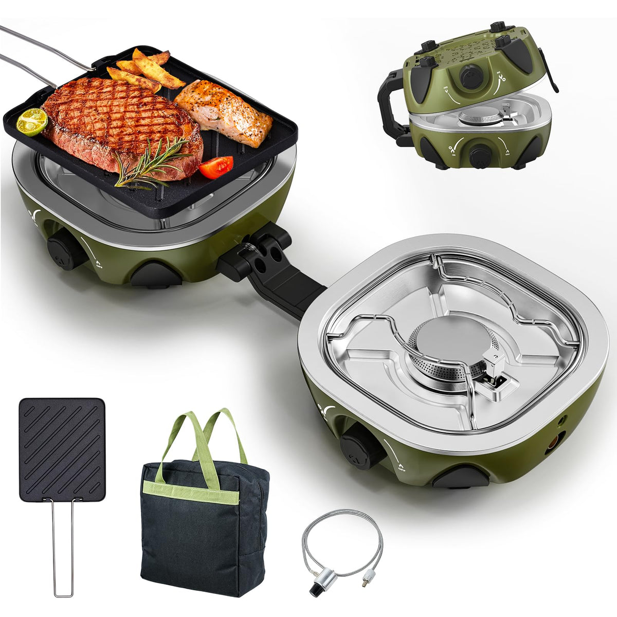 BODEGA 2-burner camping stove front view highlighting portable design for outdoor meals