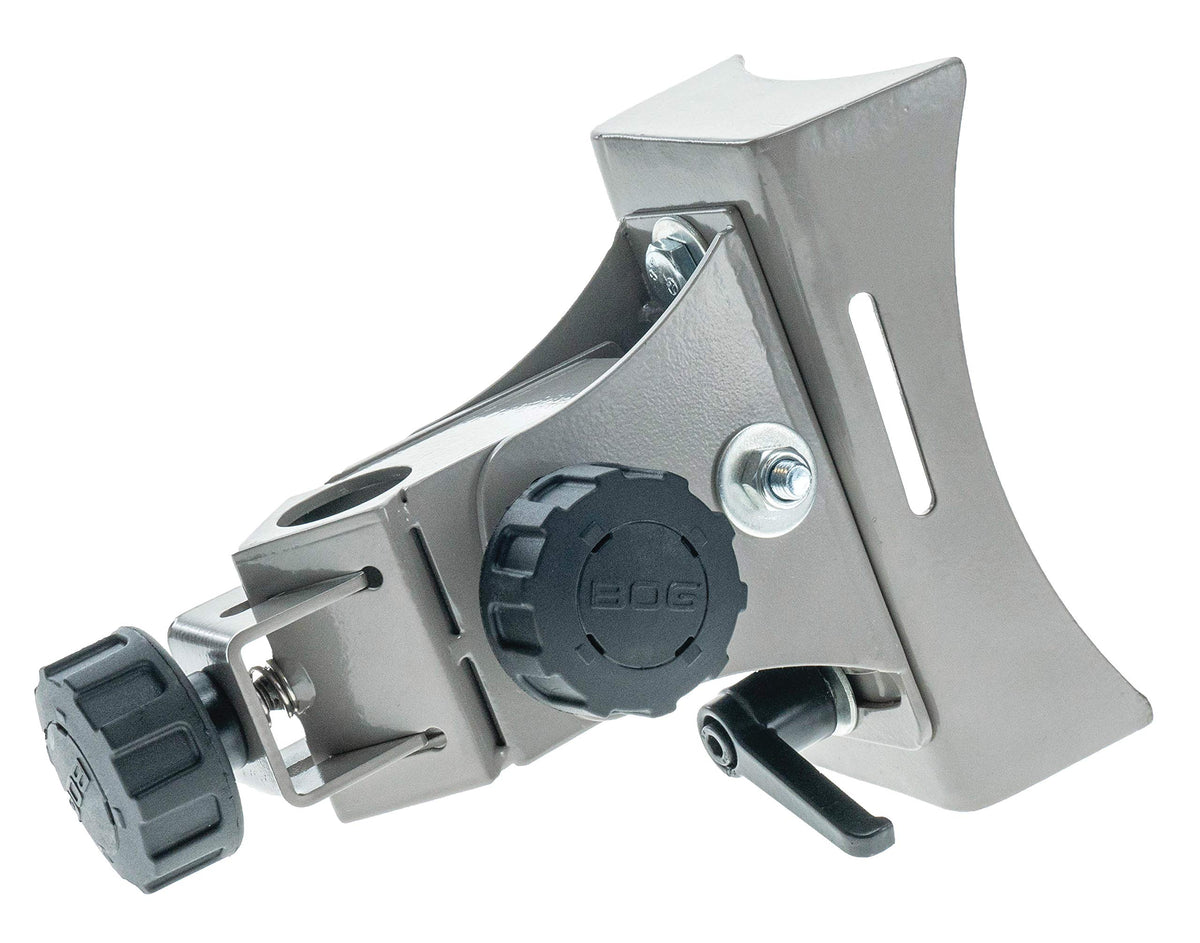BOG DeathGrip elevation bracket mounted on a tree showing rugged steel construction