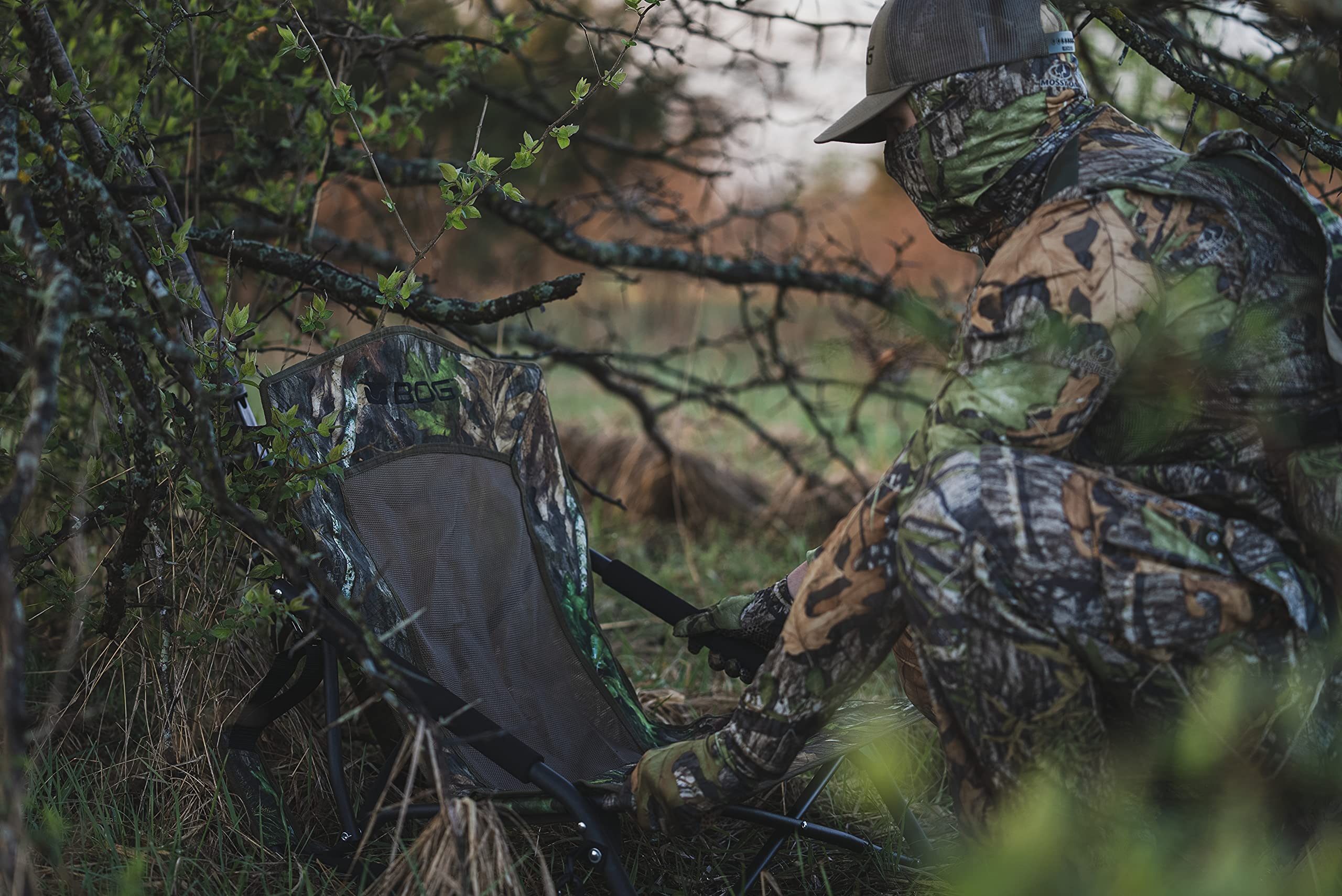 BOG chair in Mossy Oak Obsession camouflage helps conceal the hunter.