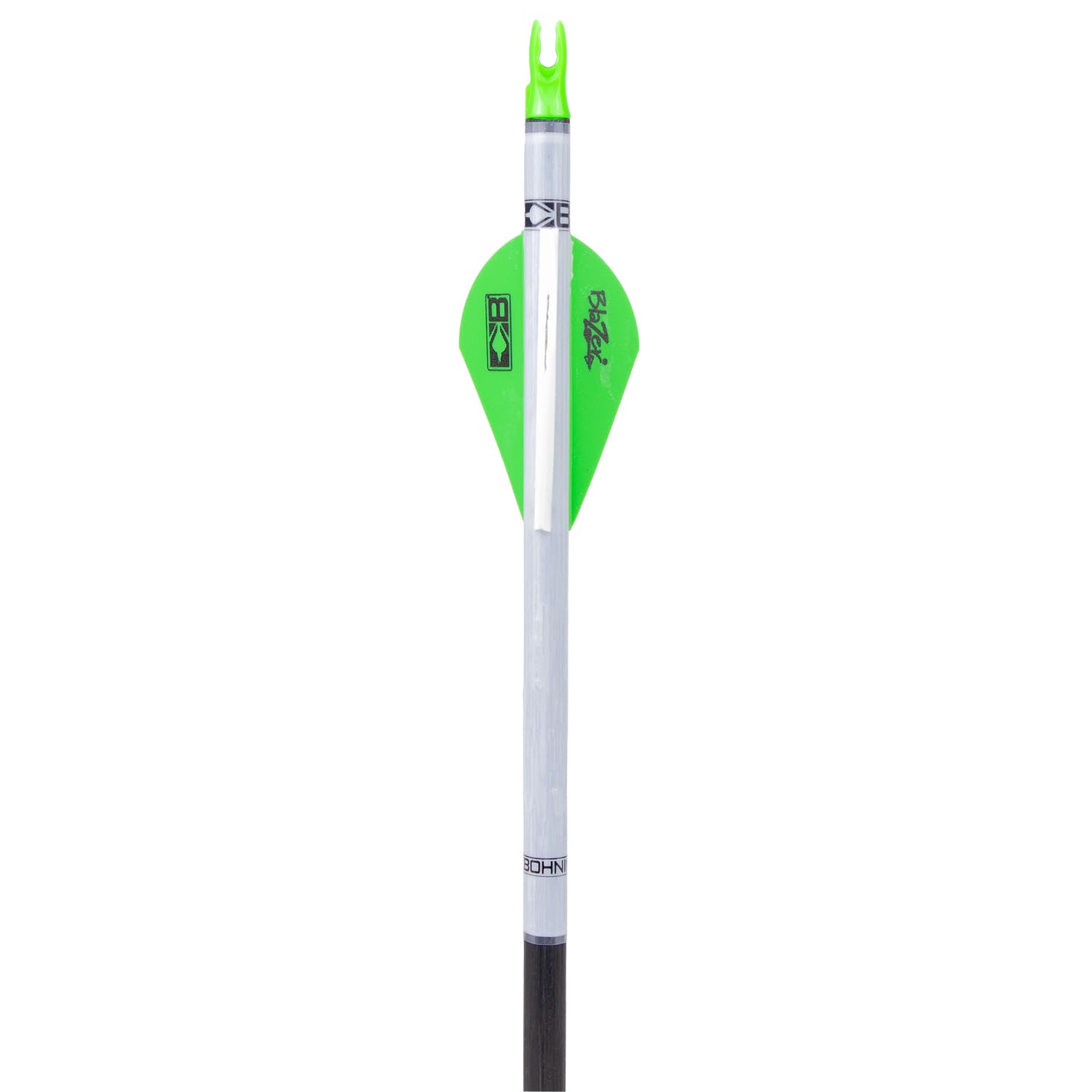 Bohning Blazer Quickfletch neon-green vanes installed for fast, tool-free fletching.