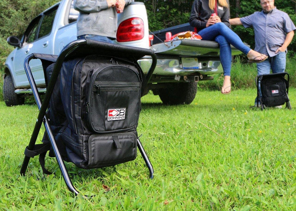 Bohning stool large mesh exterior pocket stores quick-access items.