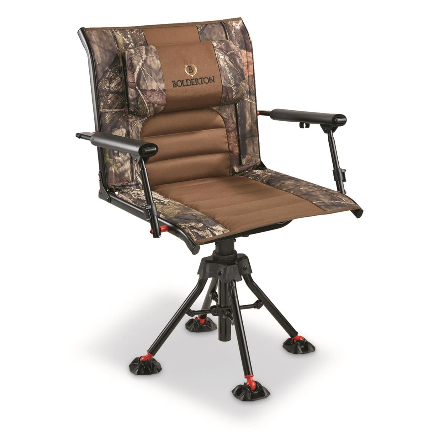 Bolderton 360 swivel chair assembled in Mossy Oak camo for field setup.
