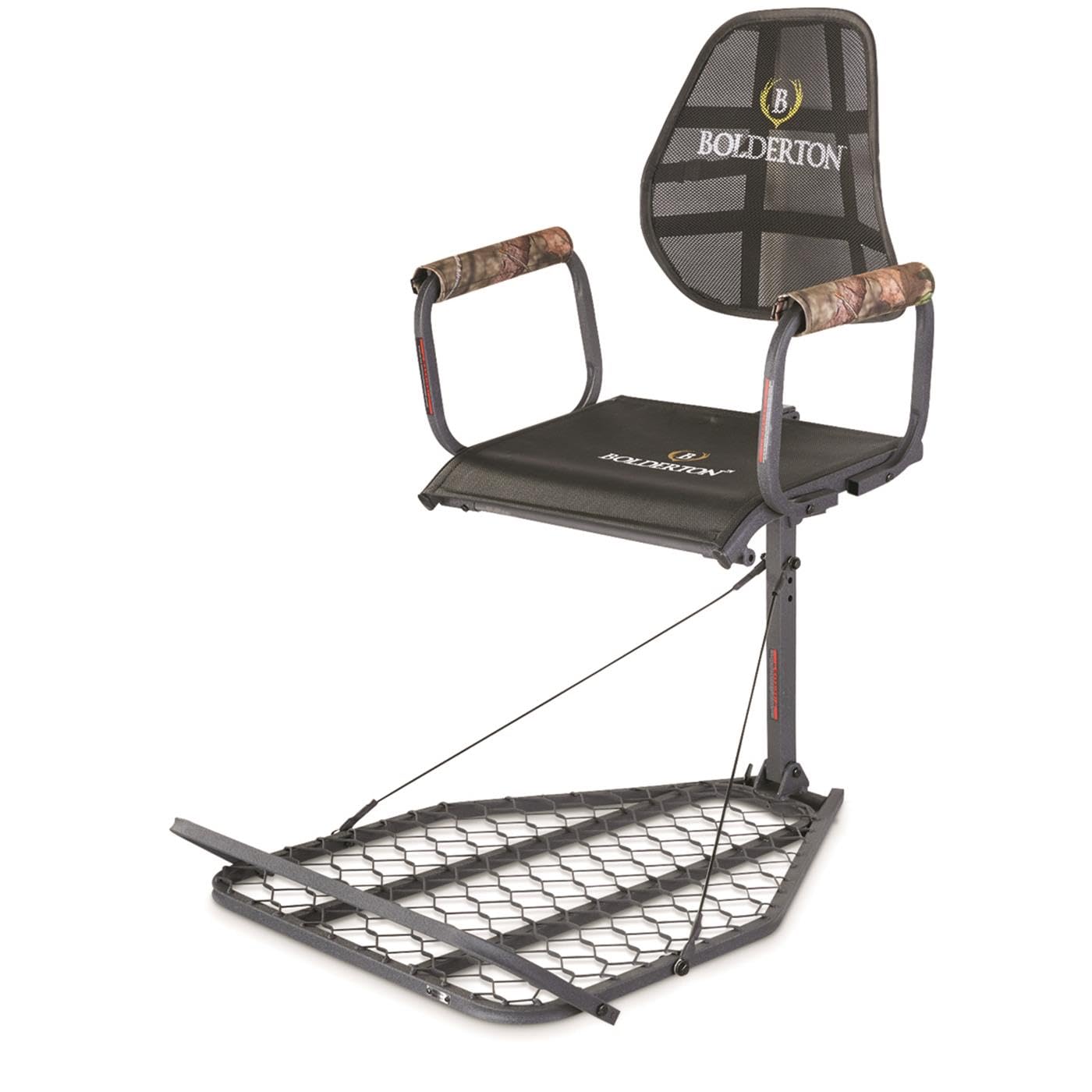 Bolderton Deluxe Hang-On Tree Stand seat adjustment for customized comfort during long hunts.