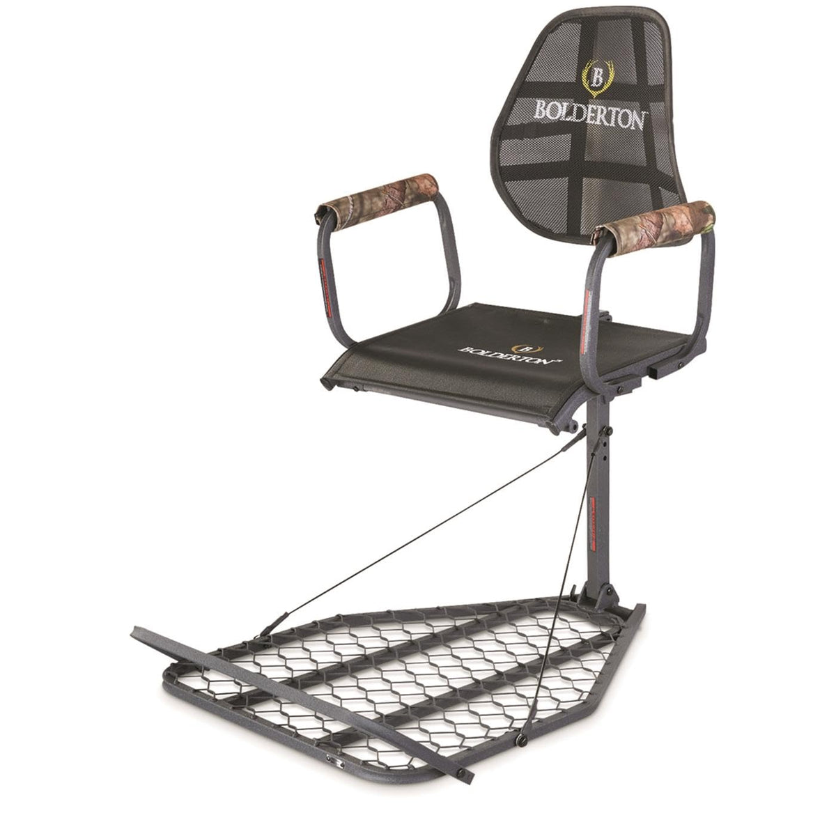 Bolderton Deluxe Hang-On Tree Stand seat adjustment for customized comfort during long hunts.