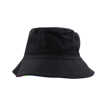 Two-sided reversible bucket hat shown in silver and rainbow