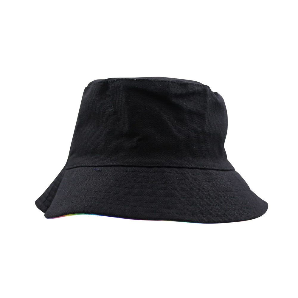 Two-sided reversible bucket hat shown in silver and rainbow
