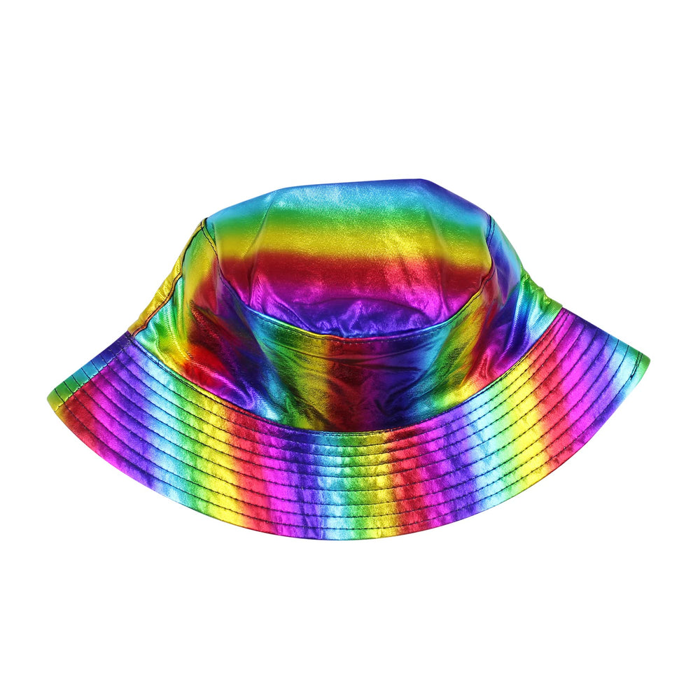 Travel-ready holographic bucket hat on a suitcase