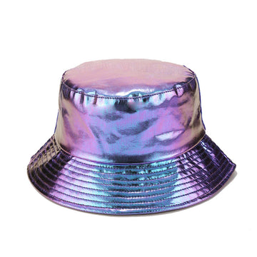 Front view of BOLLEY JOSS metallic bucket hat in purple-blue holographic finish