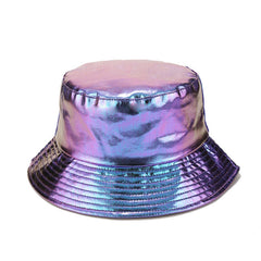 Front view of BOLLEY JOSS metallic bucket hat in purple-blue holographic finish