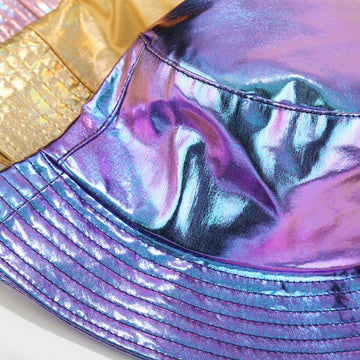Side view of unisex metallic bucket hat with packable design