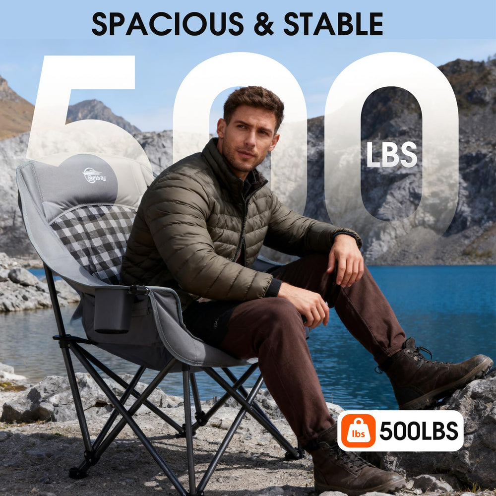 Bolosy chair in open-air campsite scene with gray plaid fabric.