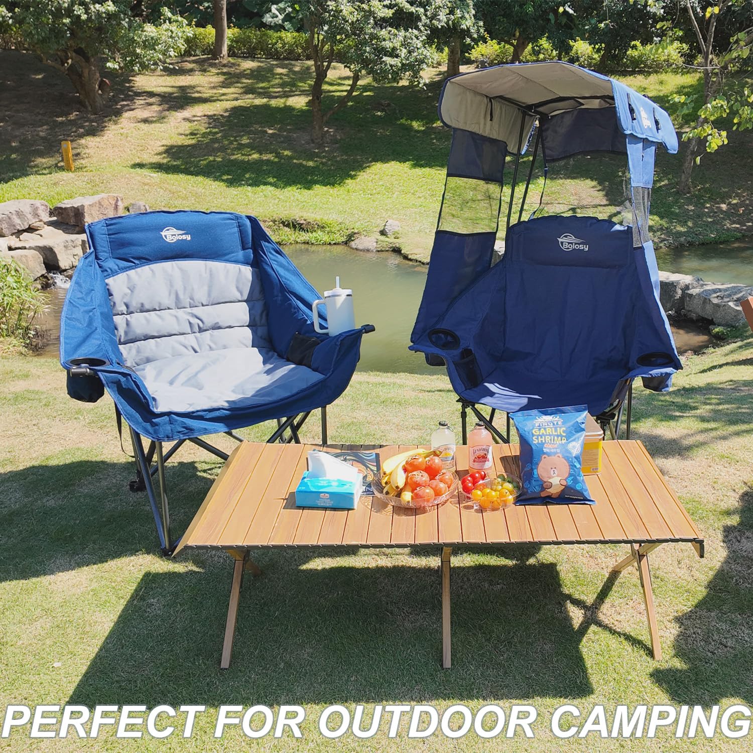 Bolosy oversized camping chair backrest offers breathable comfort during extended outdoor seating.