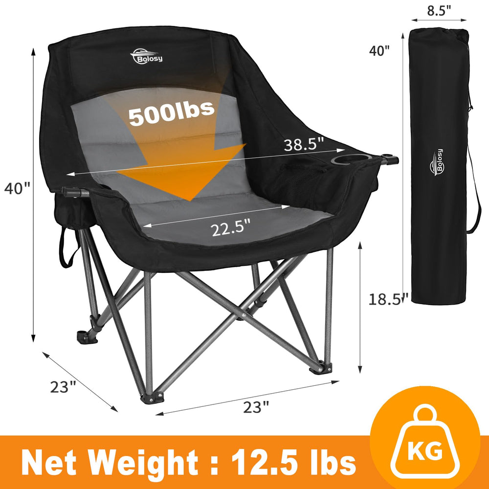 Bolosy oversized XL camping chair armrests offer comfortable support while relaxing by a campfire.